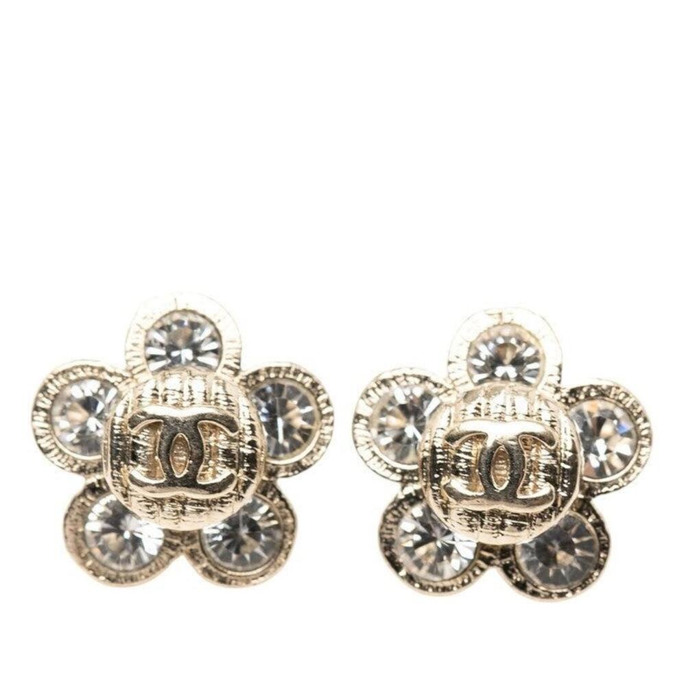 Chanel CC Logo Flower Motif Gold Plated Rhinestone Pierced Earrings